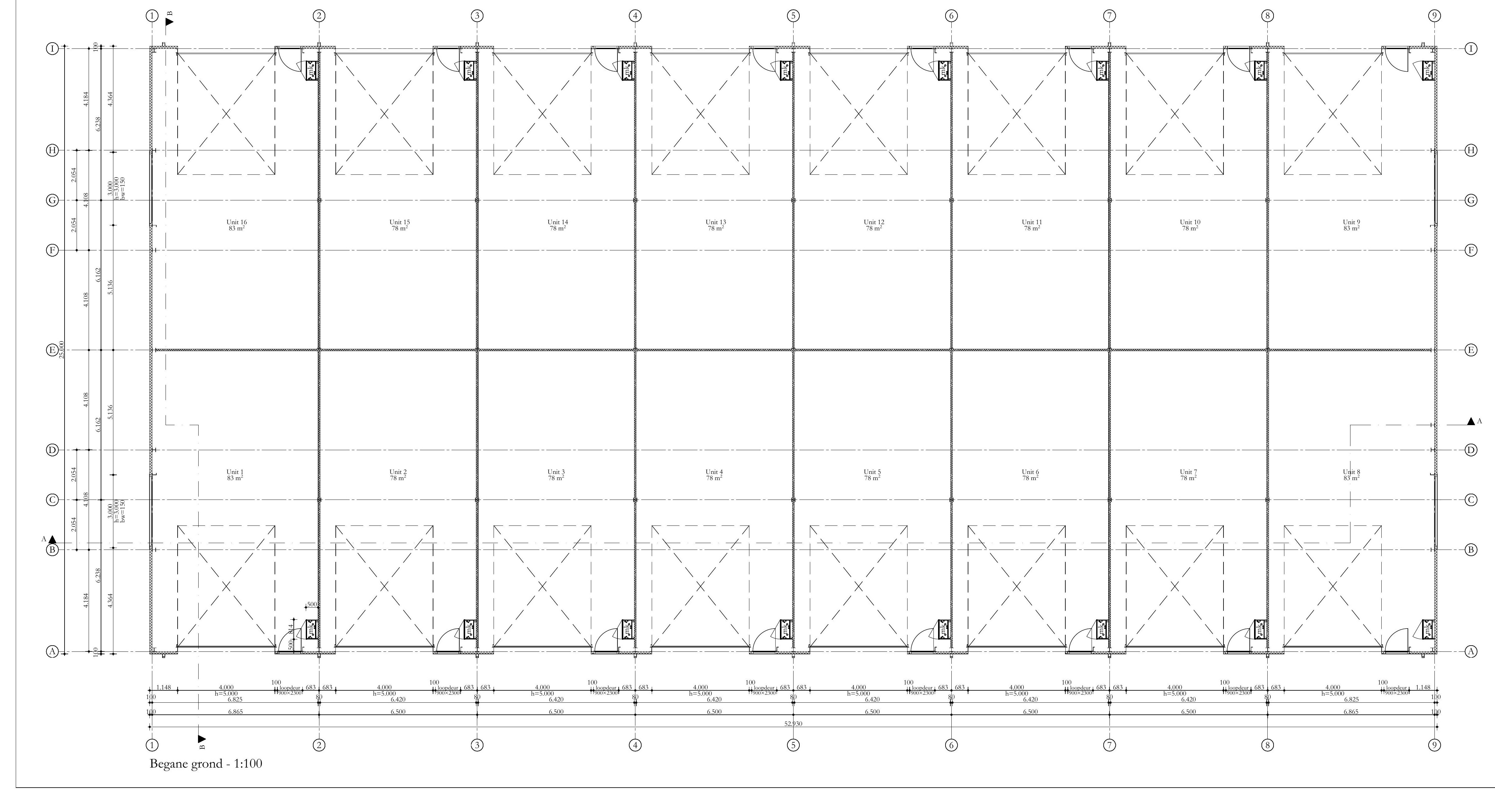 Plattegrond begane grond De Lage Esch met units 1 t/m 16